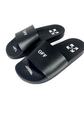 Off-White Printed Logo Pool Slides Sandals Size 37 EU 7 US Black White NEW